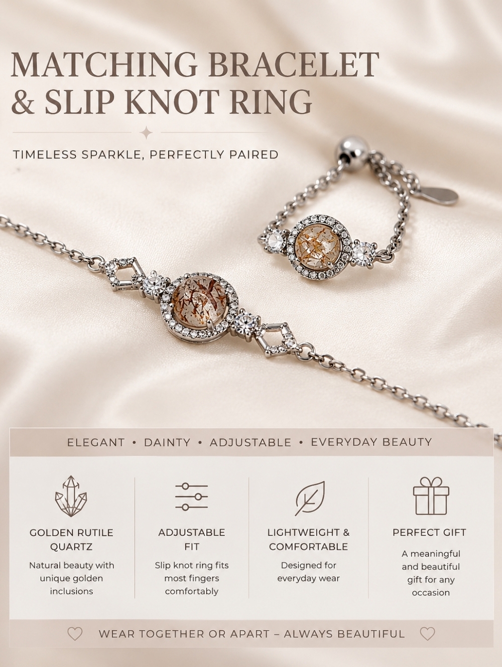 Golden Rutile Quartz Matching Bracelet & Adjustable Slip Knot Ring Set ✨ Crystal